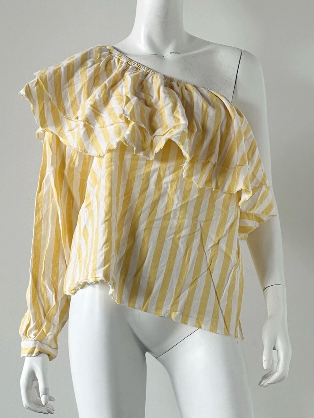 Saks Fifth Avenue Yellow and White Striped One-Shoulder Ruffle Top
